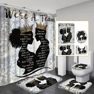 4pcs/1pc Valentines Day African American Shower Curtain Set, Black King Queen Shower Curtain Sets, We Are A Team Bathroom Sets with Shower Curtain And And Additions, Afro Couple Inspirational Quotes Shower Curtain for Bathroom Home Decor