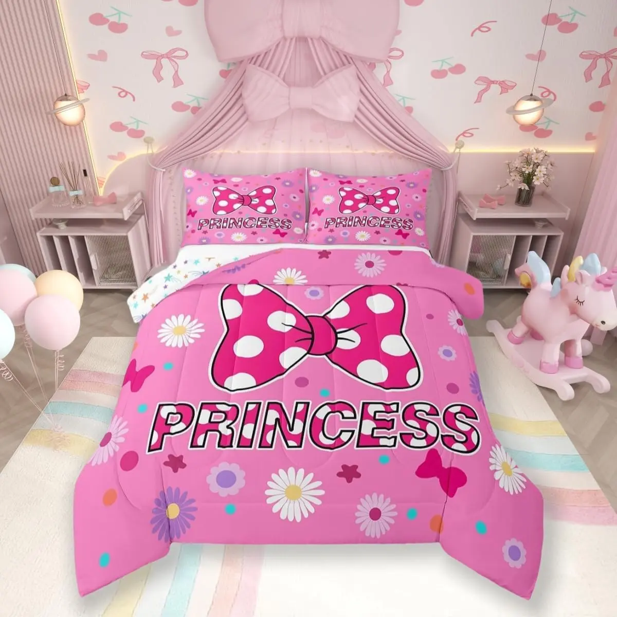 Pink Bowknot Comforter Set,Daisy Flowers Bow Tie Princess Cute Bedding Set Women Room Decor,Geometric Star Dot Patchwork Down Comforter,Romantic Duvet Insert