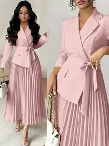 Women's Casual Versatile Commuting Patchwork Blazer Collar Long Sleeve Cinched Waist Pleated Midi Dress, Autumn/Winter Skirt Suits For Woman Blazer Skirt Set 2 Piece Sets Woman Classy