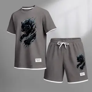 Men's Black Panther Graphic Print Waffle Short Sleeve T-Shirt & Shorts Set, Summer Lightweight Sporty Casual Two-Piece Outfit, Streetwear for Gym & Daily Wear