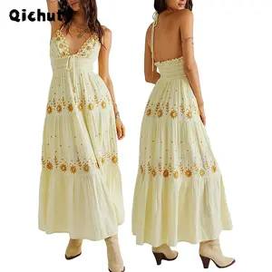 Boho Flowy Maxi Dress for Women Spaghetti Strap Open Back Embroidered Tiered Swing Summer Long Dress Casual Cotton Fashion Embroidery Womenswear Outdoorfun