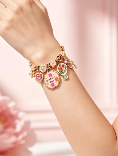 Mother’s Day gold twisted cable charm bangle, pink flower crystal beaded bracelet with tulip and heart charms, jewelry gift for mom and women