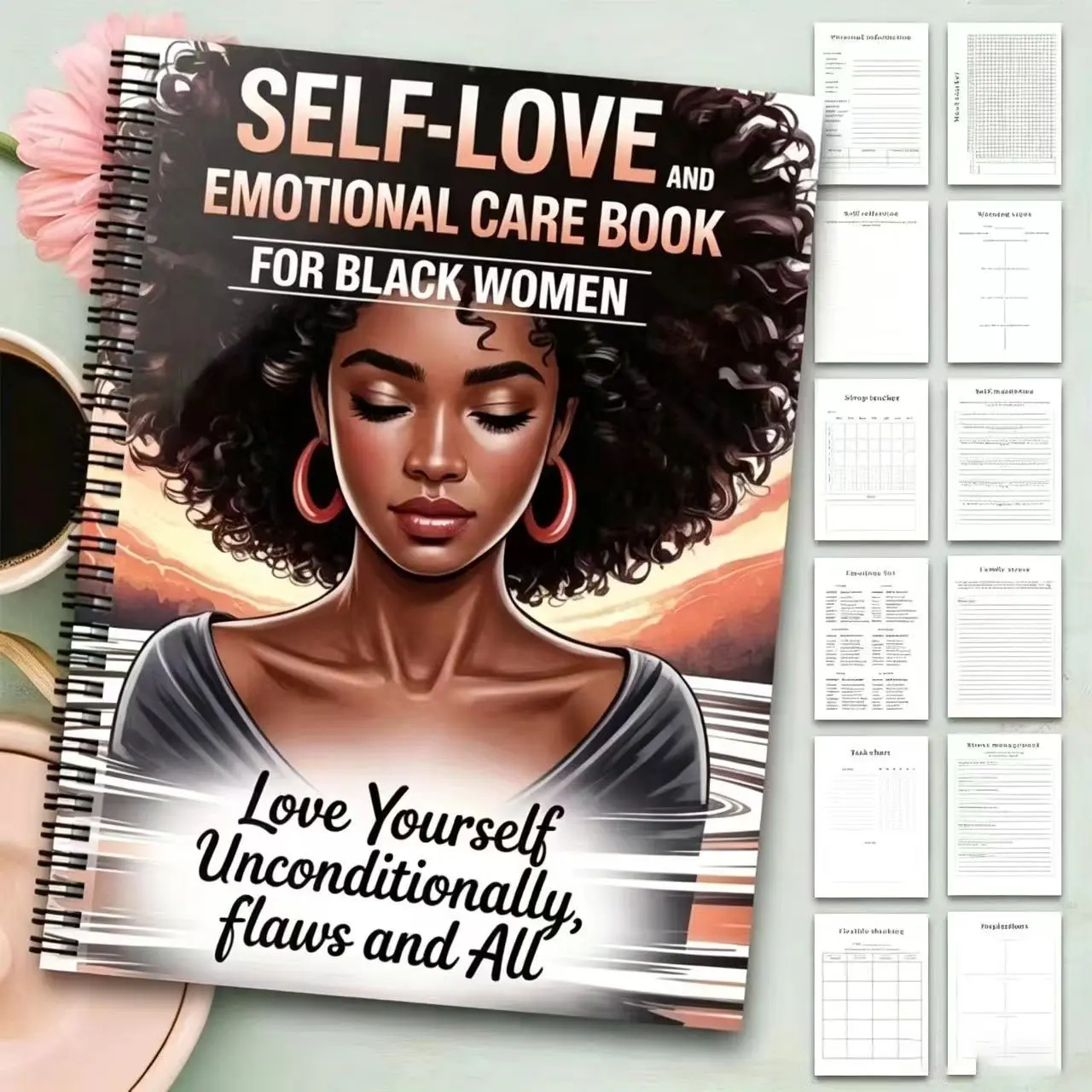 Women's Self-Love and Emotional Care Workbook, Mental Health Wellness Journal with Exercises, Daily Affirmations & Goal Setting, Elegant African American Cover Design for Black Women, Spiral-Bound Planner