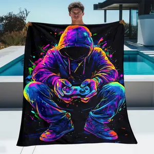 1Pc Hooded Figure With Game Controller Blanket-Lightweight Flannel Home Furnishings Bedding Blanket Suitable For Sofas Beds Travel Camping Living Rooms Offices Sofas Chairs And Beds-Soft And Warm Flannel Fabric Digital Printed Blanket