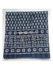 Blue Indigo Print Cotton Handmade Handblock Quilted Blanket Indian Cotton Bedspread Kantha Indigo Print Bohemian Bed Decor Throw Blanket Multiple Sizes Queen/King 90X108 inches