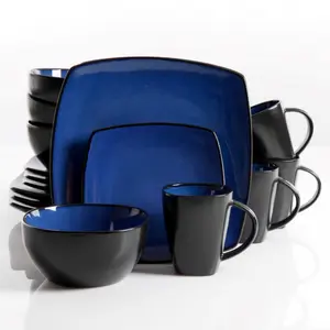 Gibson 13oz Square Reactive Glaze Plates Tableware Set - Home, Soho, Lounge Dinnerware (Blue), Two-Tone Look
