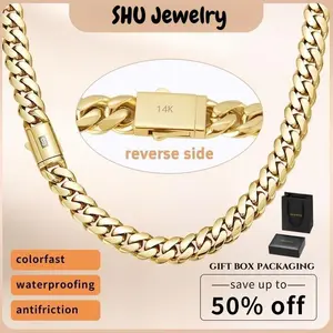 14K Gold Vacuum Plated Stainless Steel With Copper Black "S" Ear Clasp Miami Cuban Link Chain 6-14mm Necklace Italy Mexico & Micro Inspired for Women & Men Luxury Jewelry,Daily Wear,Fashion,Gift,Chicano,Classic,Hip Hop,Simple,Sporty,Lgbt