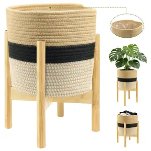 10in Plant Basket with Stand, Indoor Woven Basket with Bamboo Wood Stand Round Boho Planter Pot Holder Rustic Baskets for Plants and Home Decor,  fashion  storage