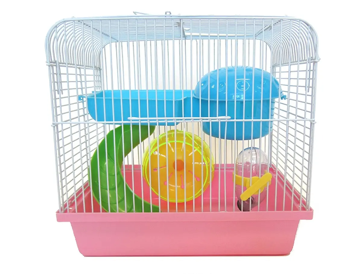 212 MAIN Metal-Barred Dwarf Hamster & Mice Cage - 3/8 in. Bar Spacing, 10.75 x 8 x 10 in. Hamster Cage Habitat, Complete Setup with Included Accessories, Pink Small Animal Enclosure