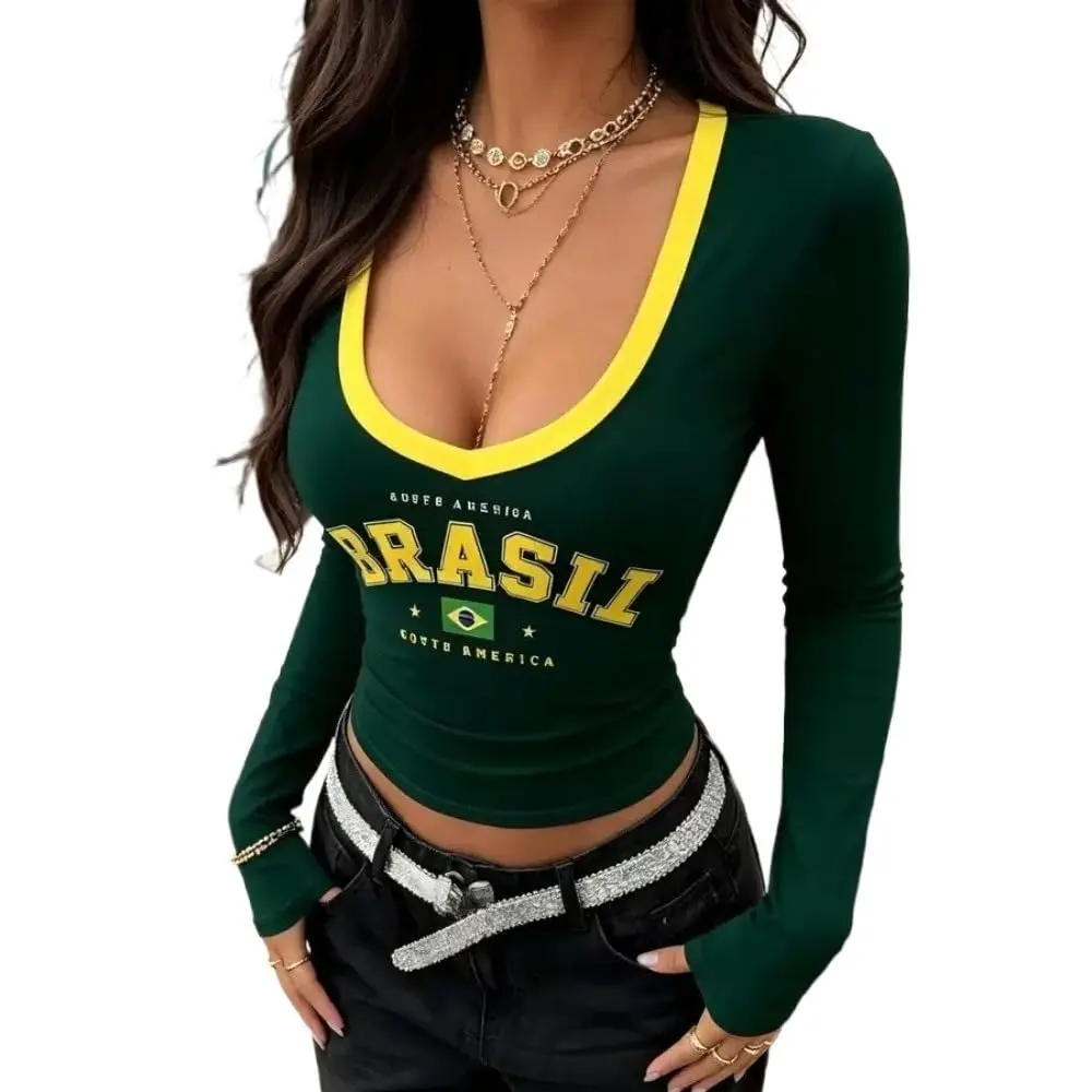 Y2K Brazil Letter Graphic Crop Tee for Women, Long Sleeve Slim Fitted Streetwear Top