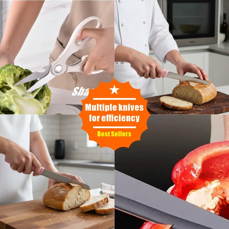 15-Piece Kitchen Knife Set: Solid Wood & Plastic Knife Block, Including Chef's Knife, Japanese-Style Knife, Meat/Vegetable Knife, Chicken Bone Knife, German-Style Steak Knife. Multi-Color Stainless Steel, Ideal for Home Storage & Gifting. Silicone Cutting