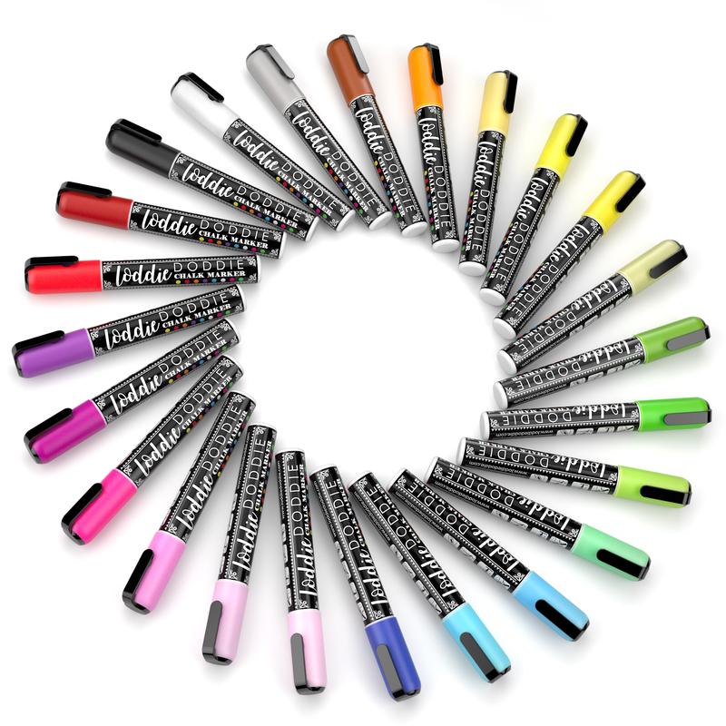 Loddie Doddie 24ct Chalk Markers - Color Collection - Erases Completely on Non-Porous Surfaces, Windows and Glass | 6mm Reversible Bullet & Chisel Tip