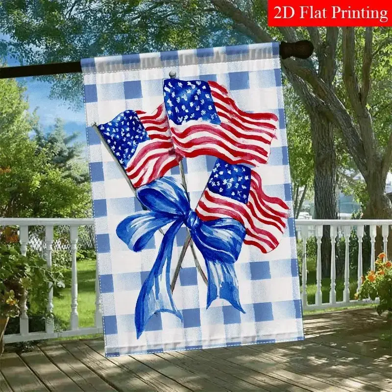 12x18 Inch Independence Day Outdoor Garden Flag - Linen, Double-Sided, Crossed American Flags, Blue Bow, Vintage Checkered Pattern, Patriotic Charm Blend, Home Holiday Decor