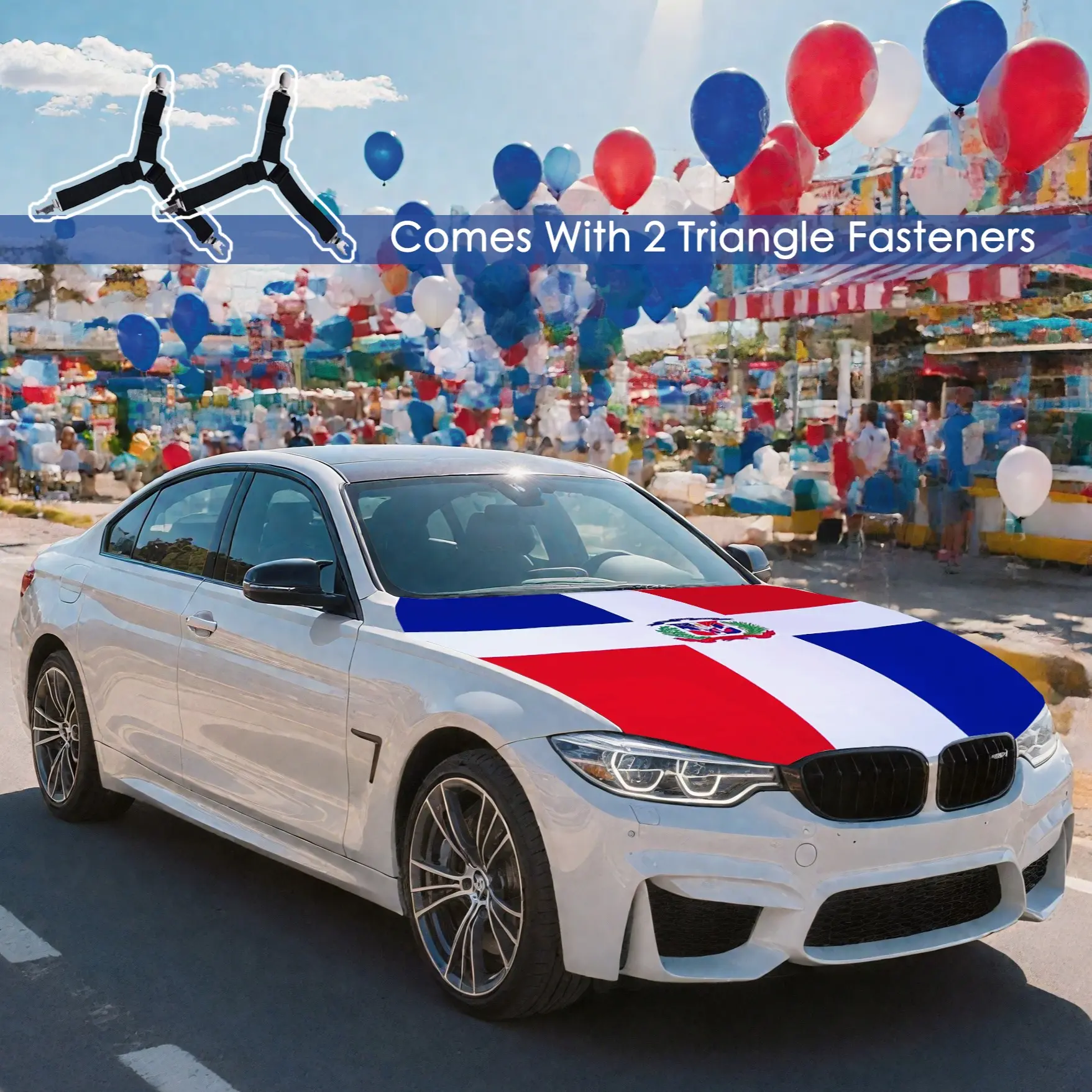 Limited Sale Dominican Republic Car Hood Flag Banners, 5x4ft, Equipped with 2 Triangle Fasteners, Ideal for Dominican Day Parade (Automotive Exterior Decoration Accessory)