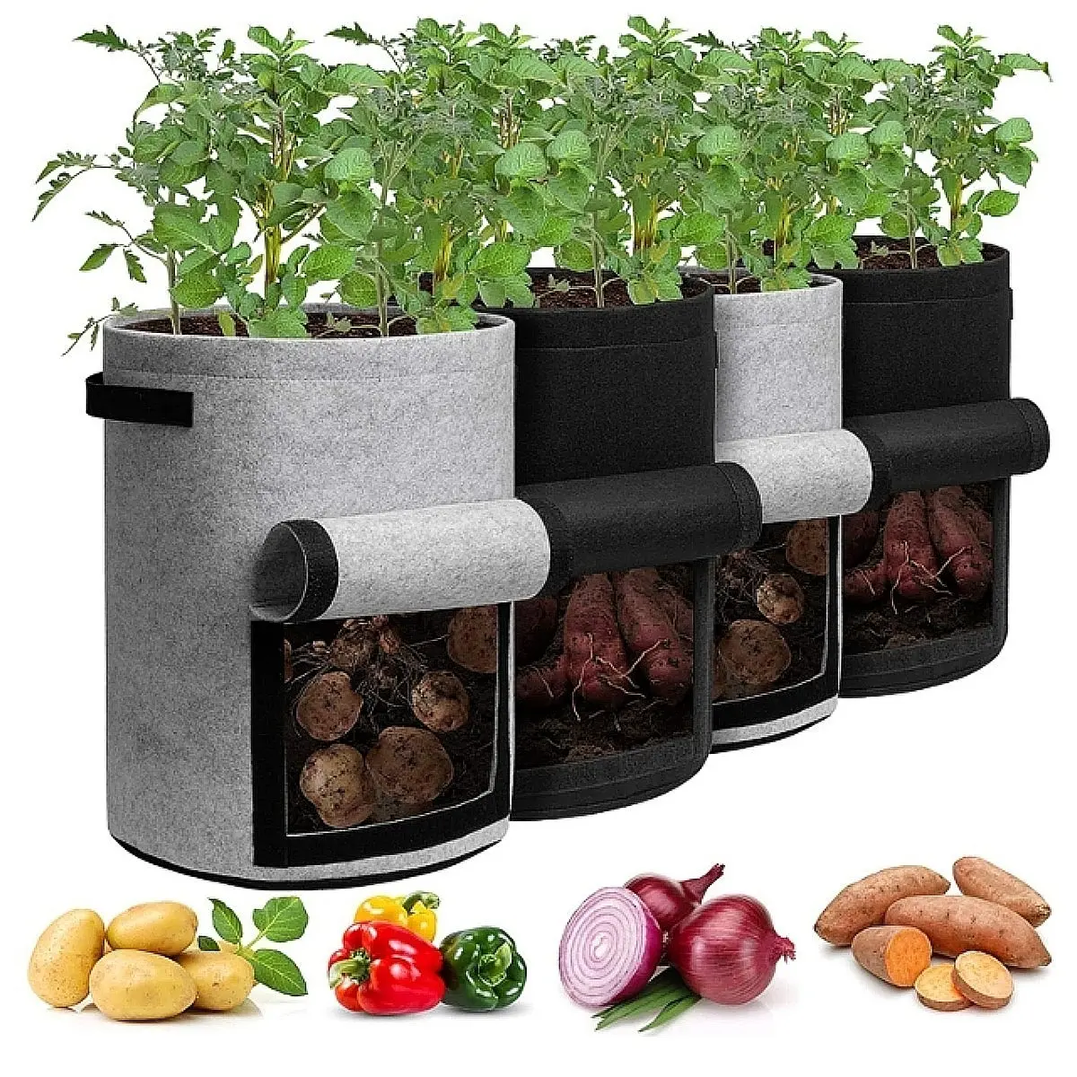 4 Pack Potato Grow Bags 10 Gallon with Flap, Heavy Duty Fabric Grow Bags with Handle and Harvest Window, Non-Woven Planter Pot Plant Garden Bags to Grow Vegetables Potato Tomato, Black and Gray