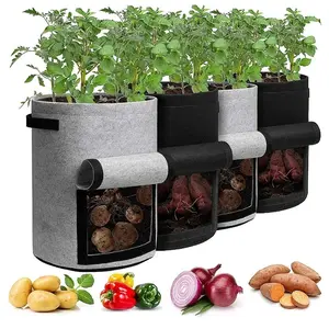 4 Pack Potato Grow Bags 10 Gallon with Flap, Heavy Duty Fabric Grow Bags with Handle and Harvest Window, Non-Woven Planter Pot Plant Garden Bags to Grow Vegetables Potato Tomato, Black and Gray