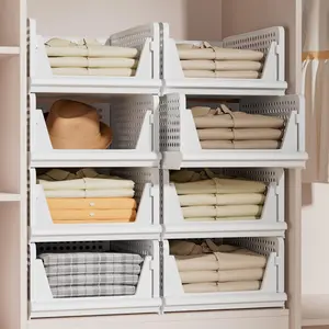 Stackable Plastic Storage Basket Closet Organizer Foldable Clothes Organizer Storage Drawer Shelf Container for Living Room Bathroom Kitchen Office