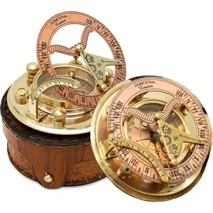 Personalized Engraved Antique Brass & Copper Sundial Compass, Sundial Clock in Leather Box  Sun Clock Ship Replica Watch