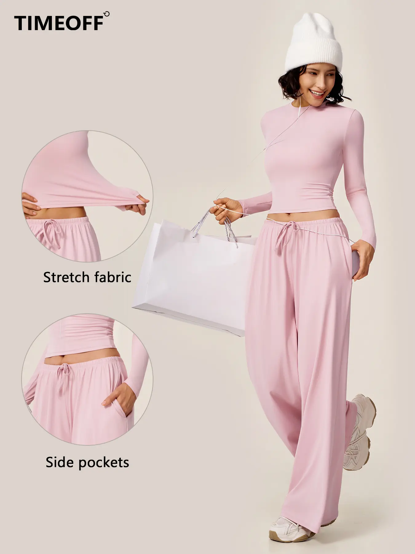 TIMEOFF Women's 2-Piece Fashion Set, Solid Brand Clothing with a Flattering Sculpting Long Sleeve Crop Top and Wide-Leg Yoga Pants, Women's Fashion, Tops For Women