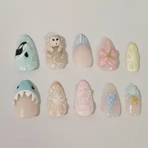 Press On Nails Summer Unique Designs Square Flower Shape Solid Blue Yellow Colors Trendy Quirky Monkey Nail Motif Manicure Made Easy