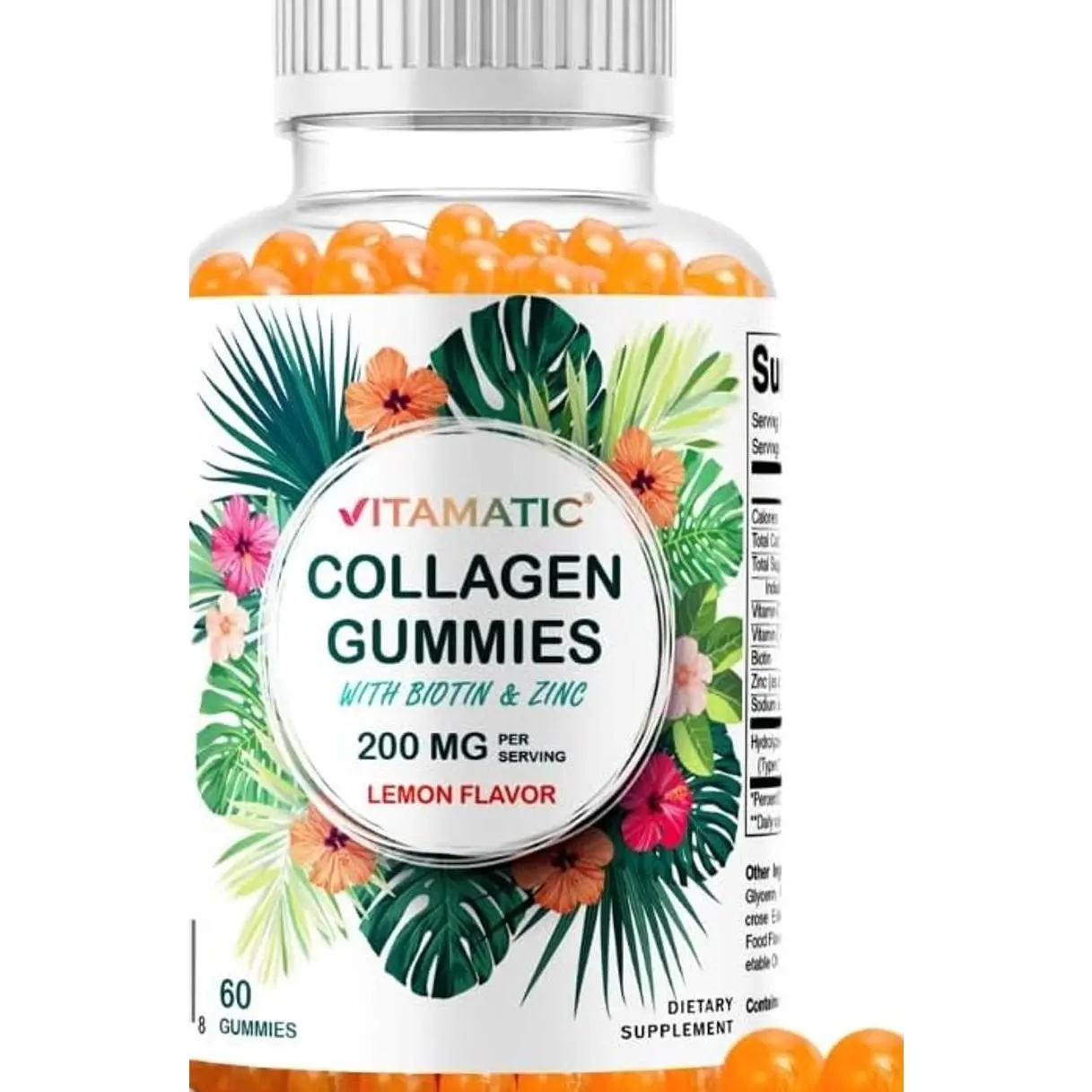 Vitamatic Hydrolyzed Collagen Gummies with Vitamin C, Zinc and Biotin, 200 mg - Healthy Skin Support - 60 Gummies