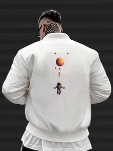 Men's fleece jacket, casual daily autumn and winter campus fashion all-match astronaut floating print baseball jacket