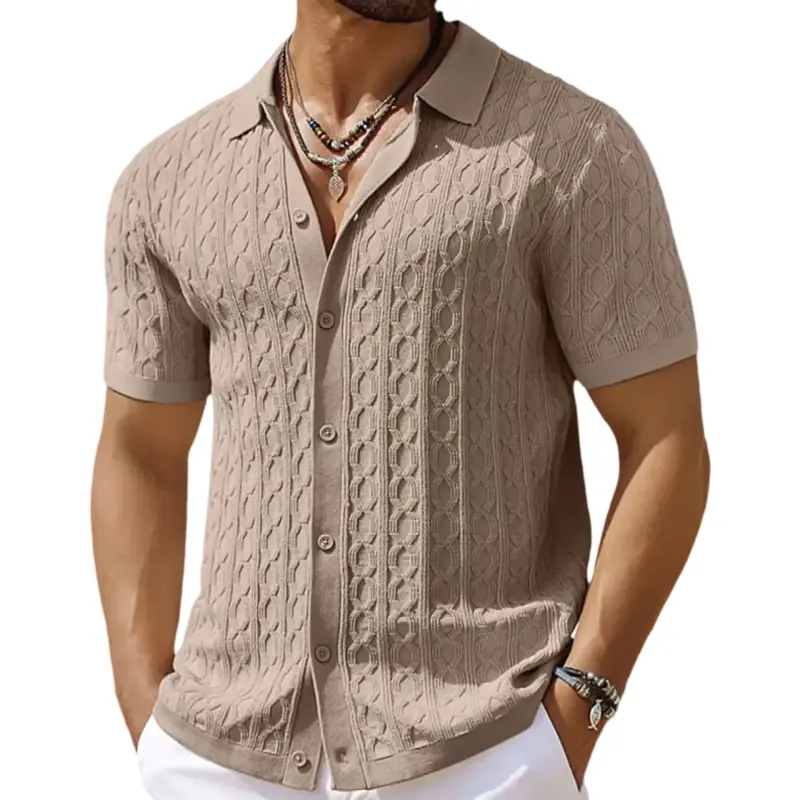 Men's hollow cable knit short sleeve Polo shirt, lapel full placket button design, breathable knitted fabric, casual top for summer, trendy commuter wear, multiple colors available.#SummerWins