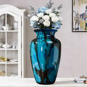 Hand-Blown Peacock Blue Feather Textured Colored Glass Table Vase with Glazed Wide-Mouth for Flowers Unique Home Decor Centerpiece for Living Room Bookshelf Bathroom Office Shelf