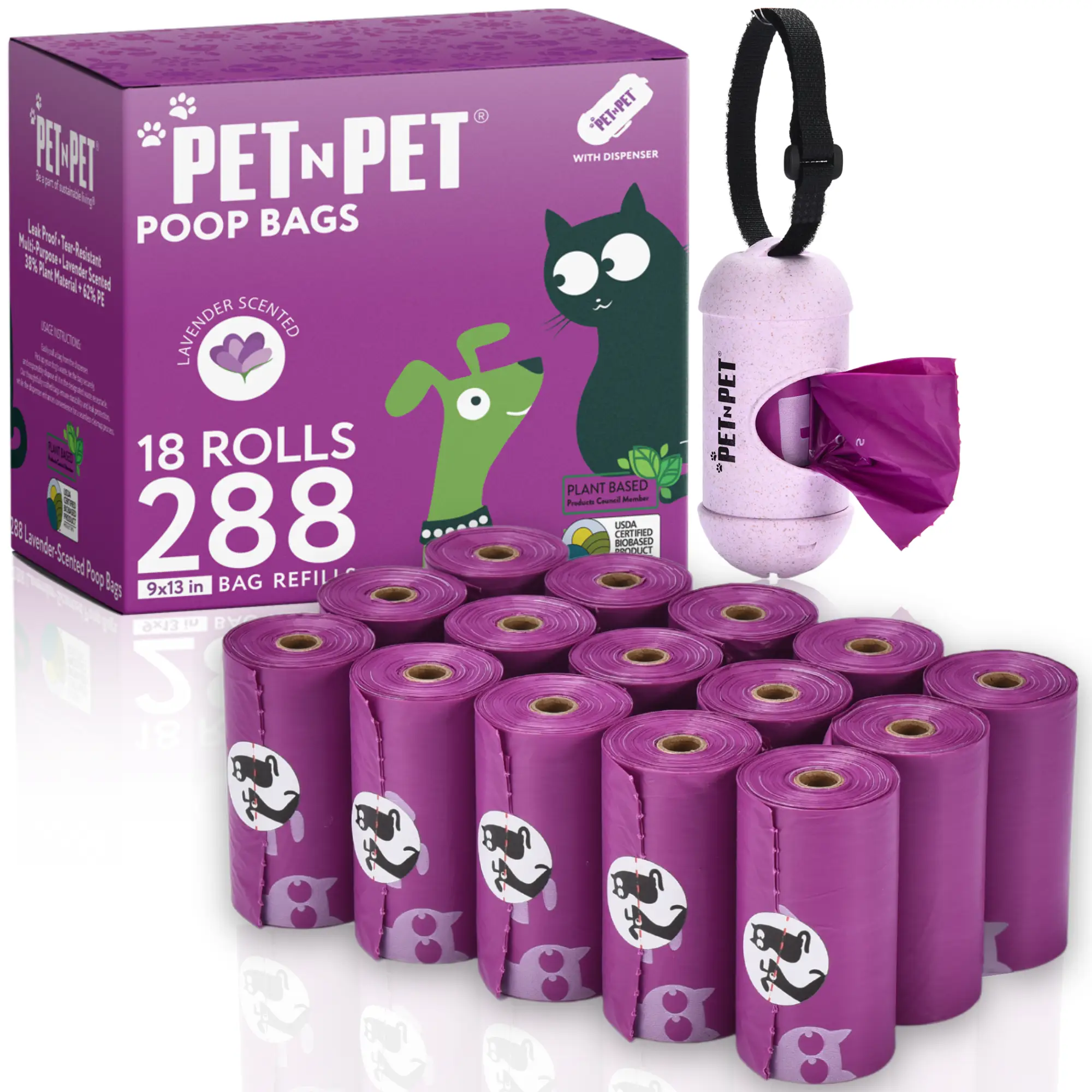 PET N PET 288 Lavender Scented Dog Poop Bags with Dispenser, USDA Certified 41% Biobased Dog Poop Bags
