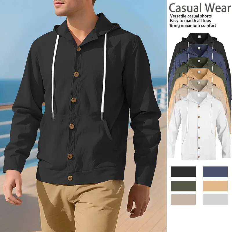 Men’s Plain Hoodie, Spring/Summer Loose Linen Casual Minimalist Beach Long-Sleeve Hooded Shirt, Tops, Menswear, Long Sleeves, Sweatshirts, Holiday