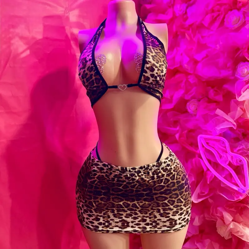 Leopard Print Set - 3 Piece Animal Print Outfit with Halter Top and Skirt for Women