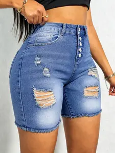 Summer Fashion Women's Chic Button Front Ripped Blue Denim Jeans Shorts, High Elastic Comfort, Fitted Not Tight, Durable Street Style Mid-Waist Five-Pocket Pants