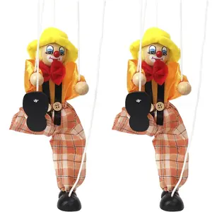 Clown String Puppet Holiday House Decoration Items, Pull String Wooden Doll Figurines DIY Party Decor, Hobby Collection Birthday Gift, No Electricity