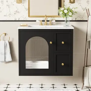 24" Bathroom Vanity Set Wall Mounted for Small Space, Bathroom Cabinet with Ceramic Sink, 2 Drawers and 1 Soft-Close Door