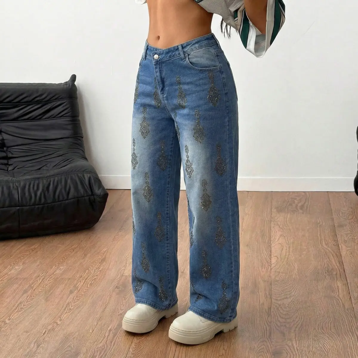 TCH - Vintage Vibe Y2K Wide Leg Jeans w/ Sparkly Dark Paisley Print  #y2k #grungestyle #widelegjeans