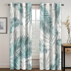 2pcs Blue-Color Curtains, Inspired By Tropical Rainforest Blue Palm Leaves Modern Minimalistic Style Nature, For Living Room And Bedroom Windows