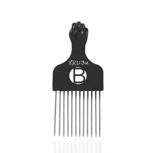 Krush Professional Metal Hair Pick Comb with Unique Fist-Shaped Handle, 12 Metal Teeth, Black, Durable Stainless Steel Construction