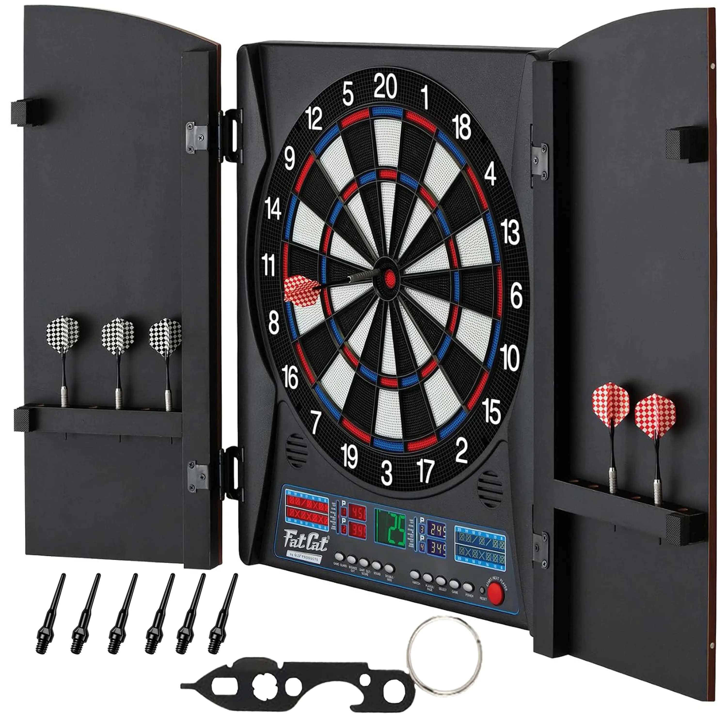 Fat Cat Electronx Sleek Electronic Darts Board Cabinet Set - 13.5in Target, 8-Player LCD Backlit Screen, 34 Games, 180 Scoring Options, Built-In Storage & Handicap Feature, Soft Tip Darts, Tracks Scores & Averages, Indoor Sports Gear for Enthusiasts