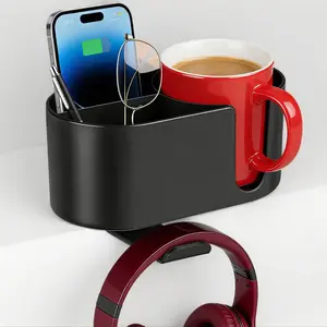 4 in 1 Desk Cup Holder, Clamp On Drink Holder with Headphone Hanger, Anti-Spill Clip on Desk Organizer for Pen Phone Mug, Gaming Office Desk Accessories fits Most Desks