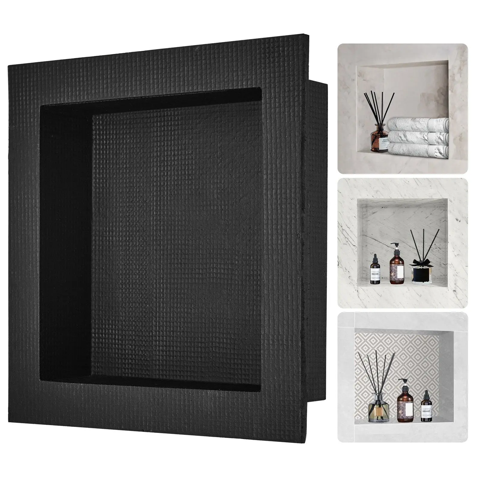 16"×16" Tile-Ready Shower Niche – Single Shelf, Square Corners, Wall-Recessed with Sealed Protection, Black Soap Storage for Bathroom