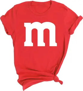 Loose-fit red letter “M” T-shirt, cute candy character top, suitable for everyday wear and parties