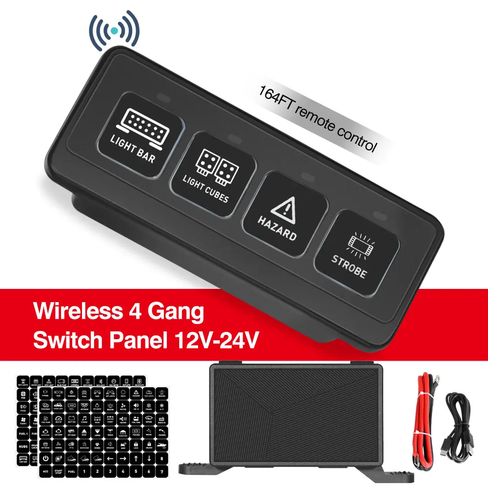 ANGU-TECH 4-Gang Minimalist Wireless Switch Panel, Offroad LED Light Switch Pods with Toggle Pulse, 12-24V Relay Control Box, Memory Mode, Over-Voltage Protection for Car, Truck, RV