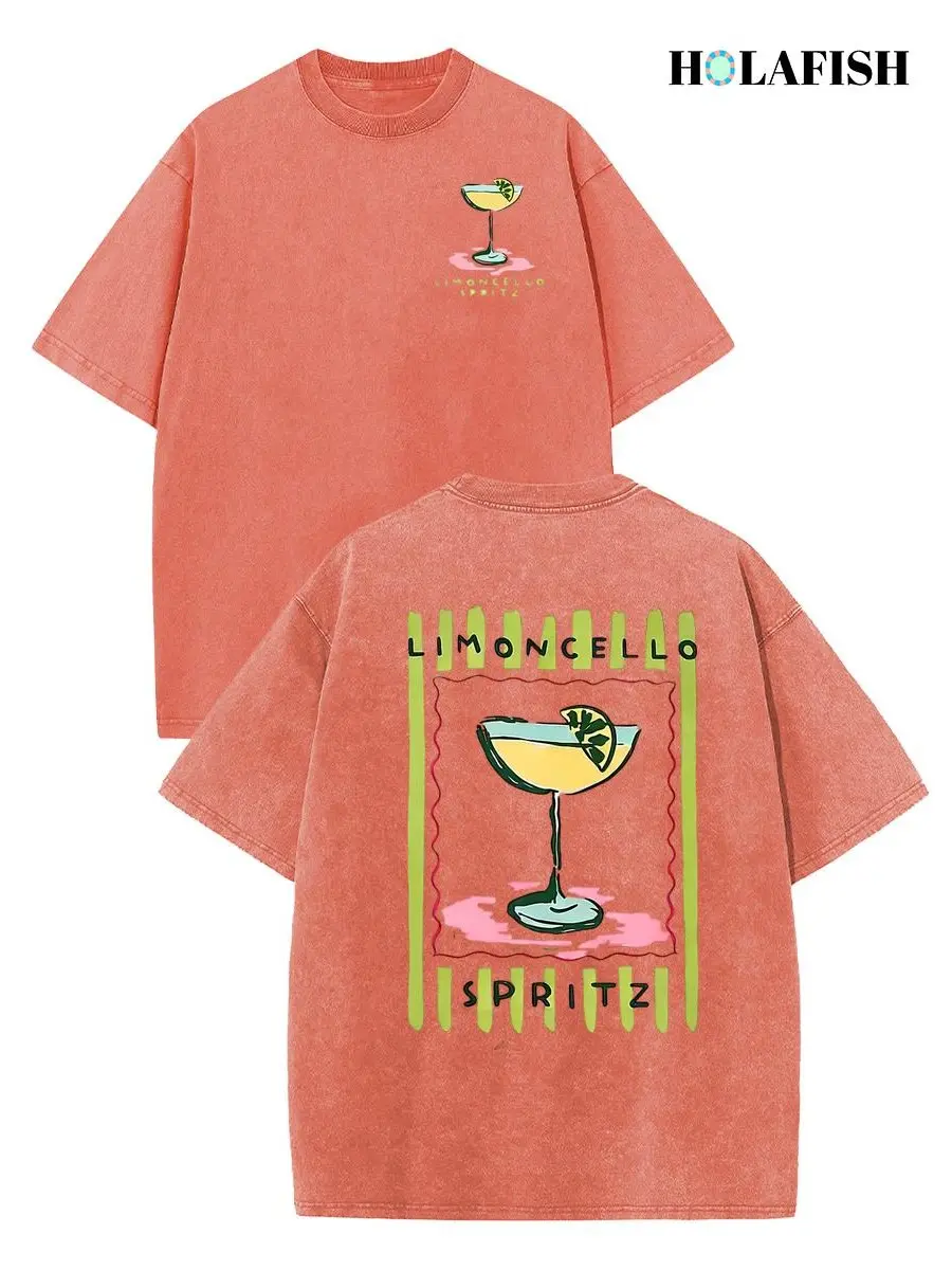 Holafish Cotton Acid Washed T‑Shirt Limoncello Spritz Cocktail Drink Graphic Tee Front & Back Printed Unisex Vintage Casual Top Summervibes 2026 New Color