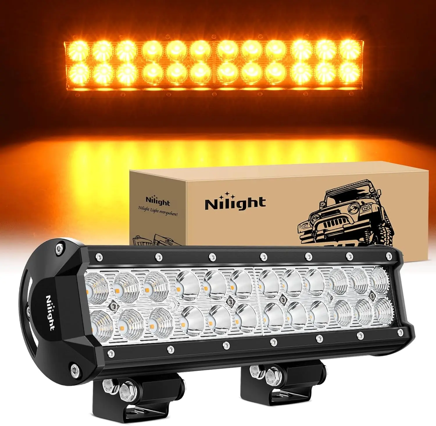 Nilight 12-Inch 72W Offroad Light Bars & Work Lights, Triple Row Bright LEDs with Aluminum Cover & Mounting Brackets, Amber Spot-Flood Combo for Trucks, UTVs, Boats