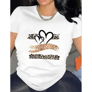 etro-Inspired Women's Leopard Print & Heart Graphic Tee - Casual Sporty Style, Round Neck Short Sleeve T-Shirt, Polyester, Machine Washable, Ladies T Shirts