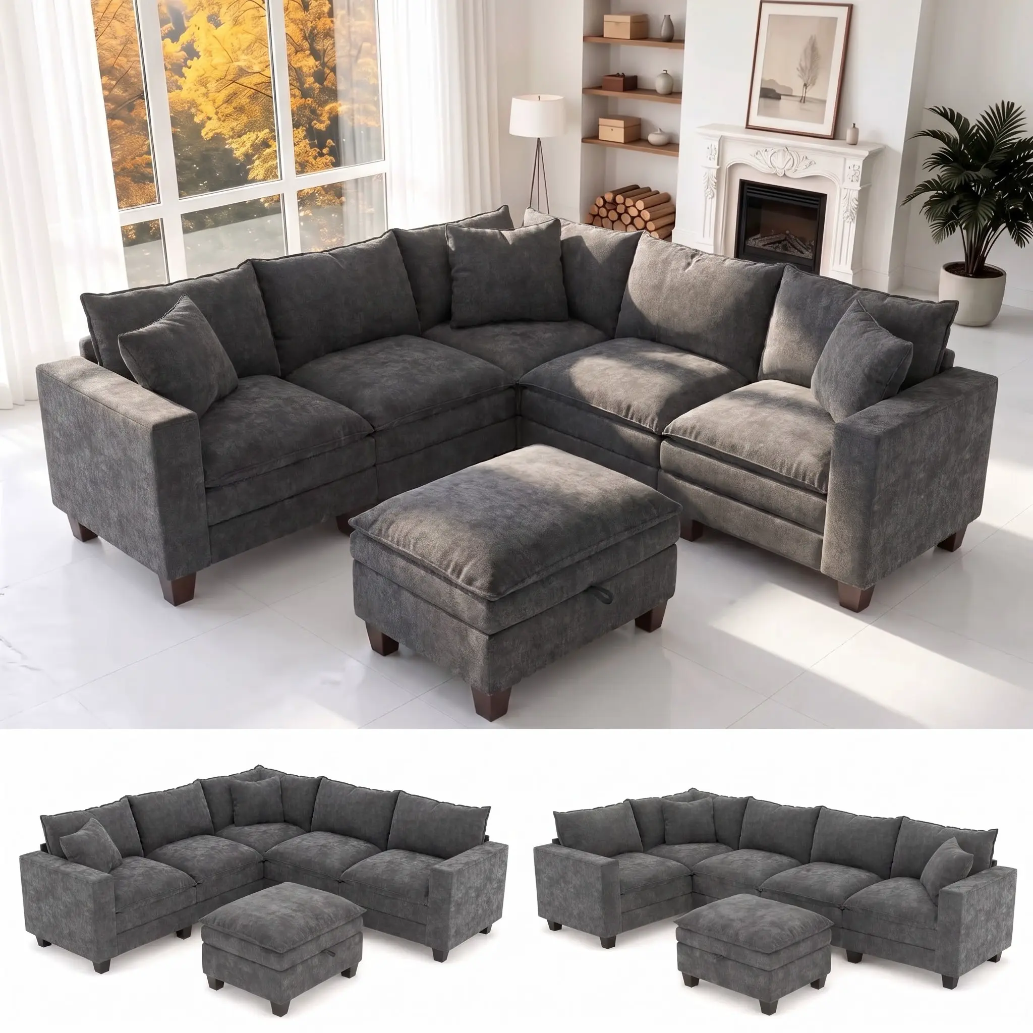 97" L-Shaped Modular Sectional Couch, Comfy Chenille Cloud Sofa with 5 Seats, 2 Pillows & Storage Arms, Convertible V-Shaped Corner Sofa for Living Room, Beige,tiktokshopstockup