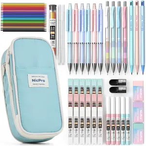 Nicpro 45PCS Aesthetic School Supplies Set with Big Capacity Pen Case Pastel Mechanical Pencils 0.5 0.7 0.9 2mm 24 Lead Refills Erasers for Teens Girls - Writing Stationery