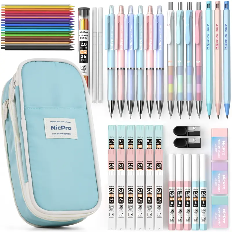 Nicpro 45PCS Aesthetic Assorted Pencils School Bundle - Multi-Size (0.5/0.7/0.9/2.0 mm), Large-Capacity Pouch, 24 Lead Tubes, 3 Erasers, 2 Colorful Refills, First Day of School Office Writing Stationery for Teens