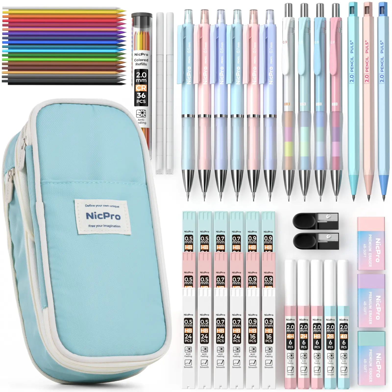 Nicpro 45PCS Aesthetic School Supplies with Big Capacity Pen Case, Pastel Mechanical Pencils 0.5, 0.7, 0.9, 2mm with 24 Tube Lead Refills(4B 2B HB 2H
