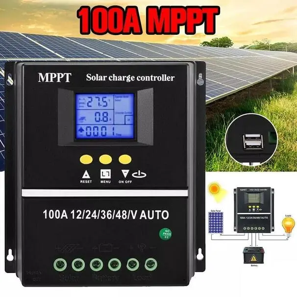 100A MPPT Solar Charge Controller with Dual USB 12V 24V 36V 48V PV Battery Regulator USA
